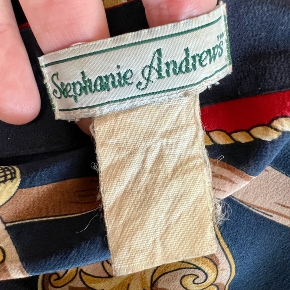 Vintage Stephanie Andrews 100% Silk Equestrian Navy Red Button Down Blouse Shirt - Picture 13 of 16